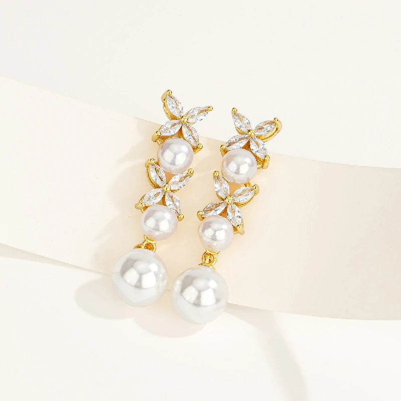 Elegant Clover Drop Earrings with Pearls | Pair