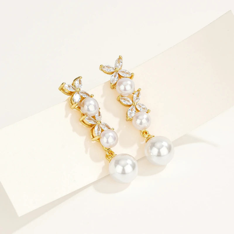 Elegant Clover Drop Earrings with Pearls | Pair