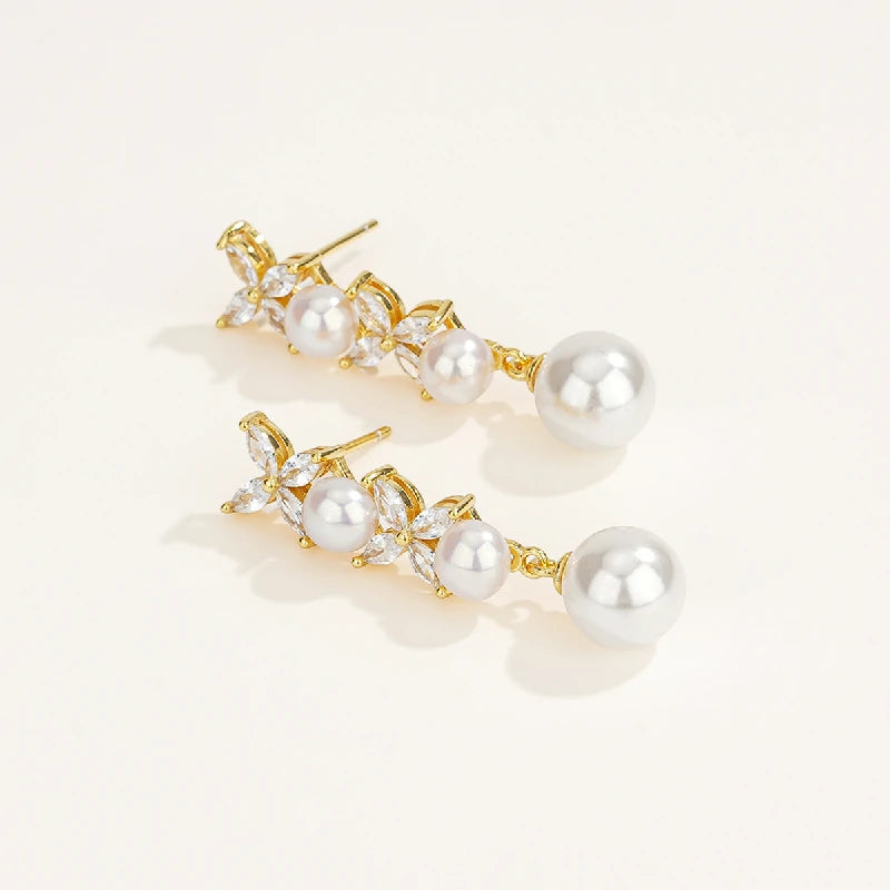 Elegant Clover Drop Earrings with Pearls | Pair
