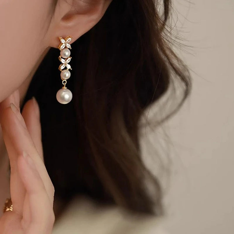 Elegant Clover Drop Earrings with Pearls | Pair