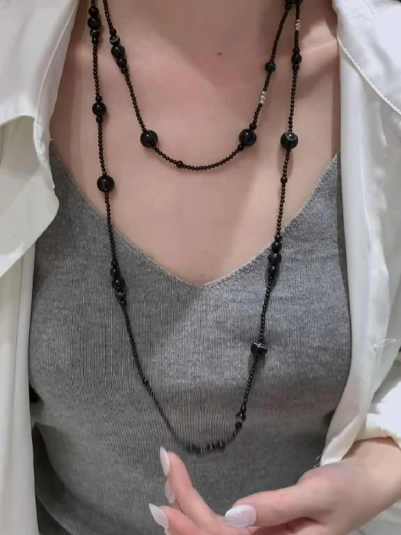 Graduated Onyx Sphere Long Necklace