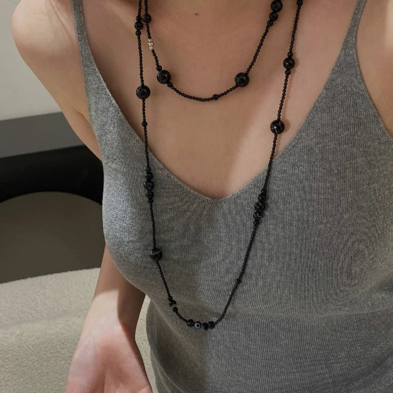 Graduated Onyx Sphere Long Necklace