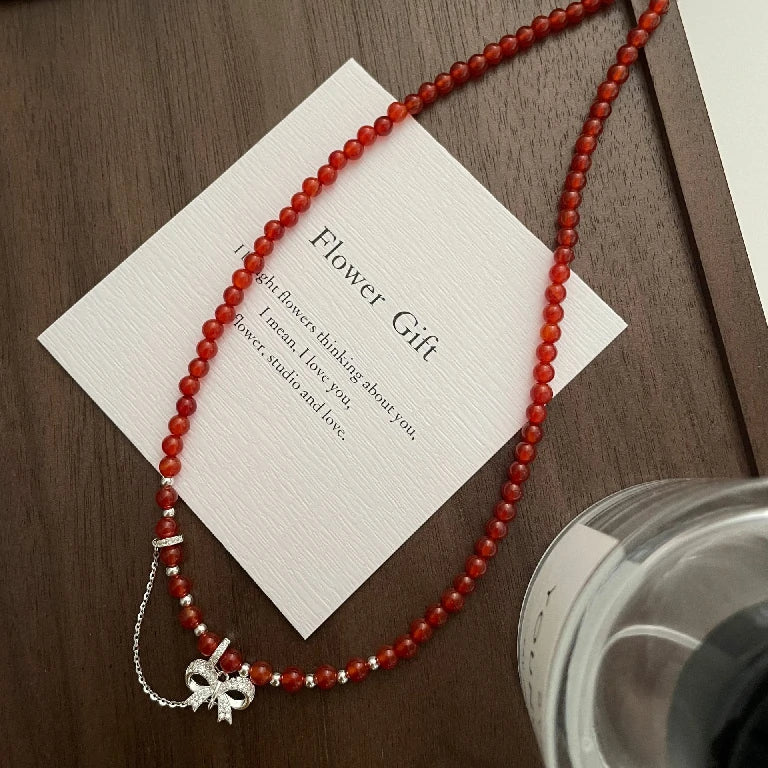 Festive Red Agate Bow Necklace