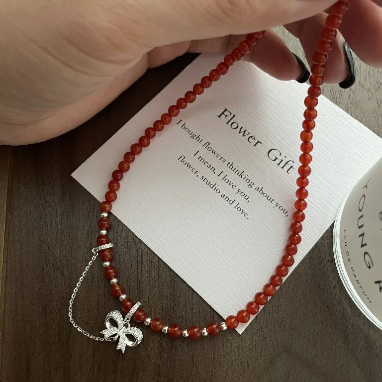 Festive Red Agate Bow Necklace