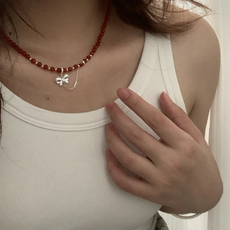 Festive Red Agate Bow Necklace