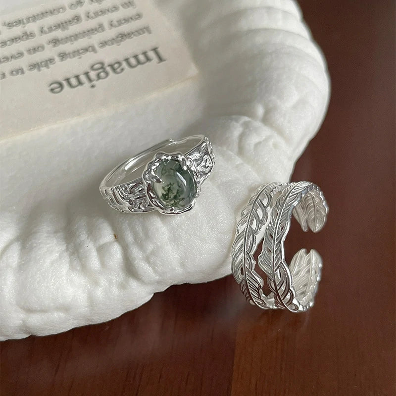 Feather & Moss Agate Adjustable Ring Set