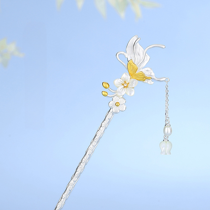 Butterfly Hairpin — Pearl & Silver Floral Fà Zān