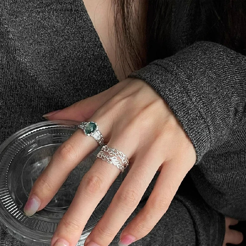 Feather & Moss Agate Adjustable Ring Set