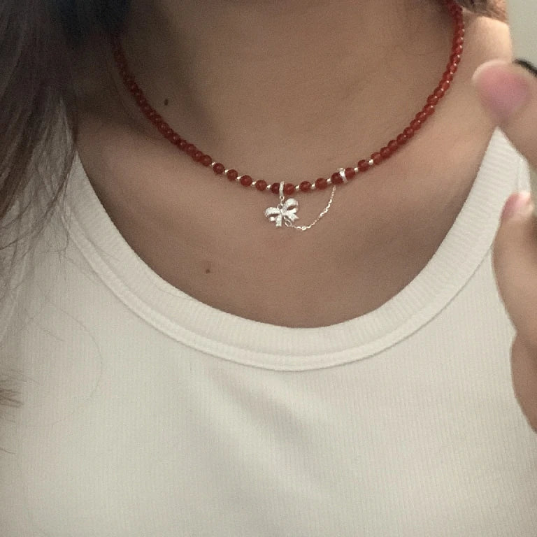 Festive Red Agate Bow Necklace