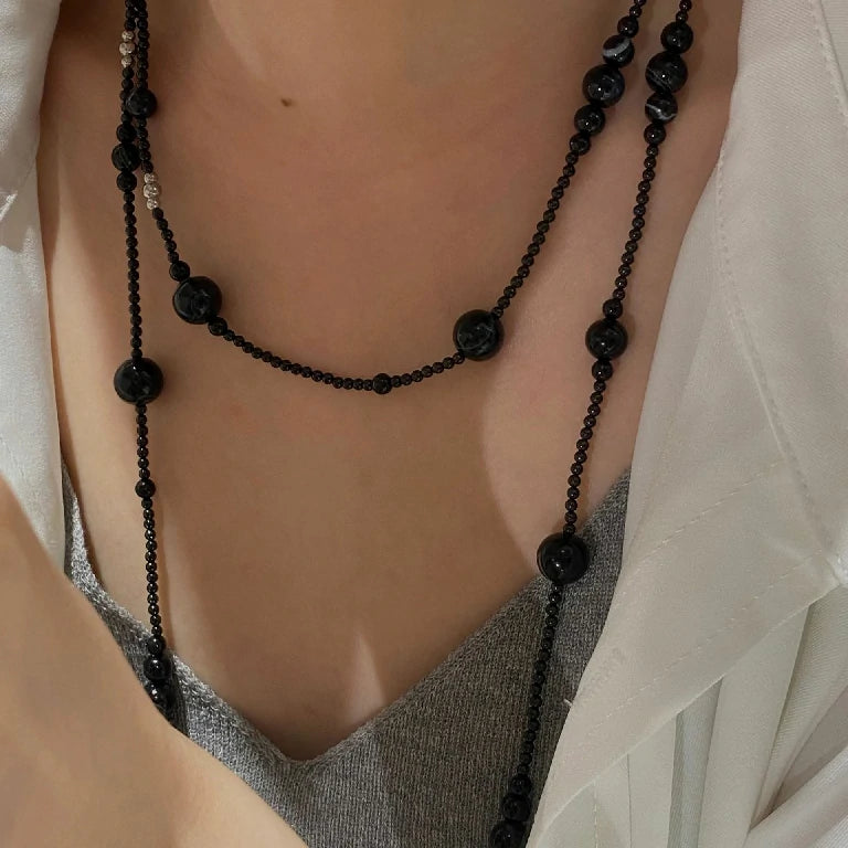 Graduated Onyx Sphere Long Necklace