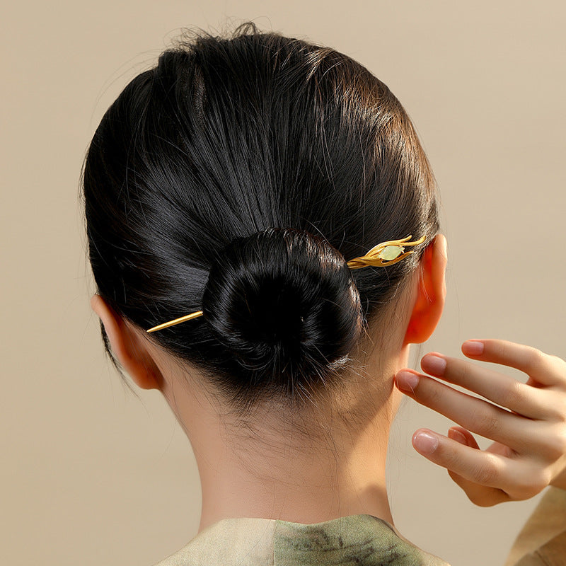 Phoenix Feather Hairpin — Hetian Jade & Silver