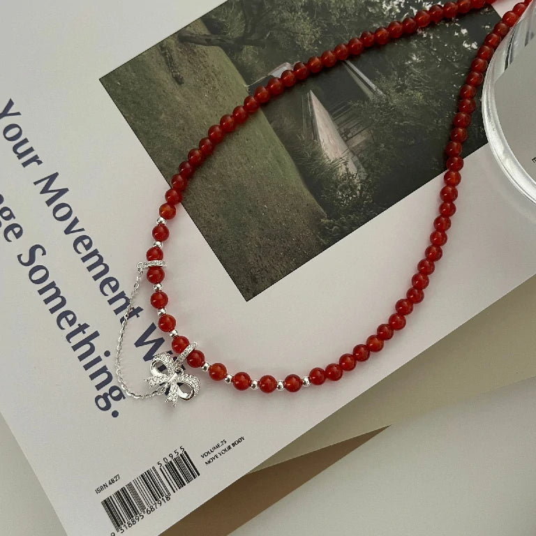Festive Red Agate Bow Necklace