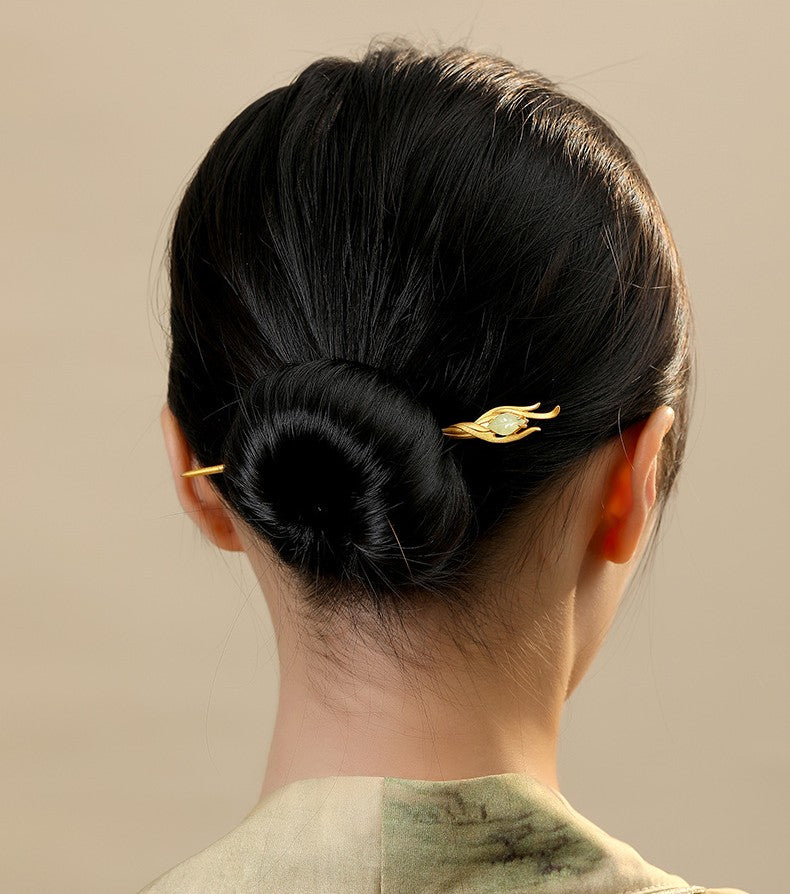 Phoenix Feather Hairpin — Hetian Jade & Silver