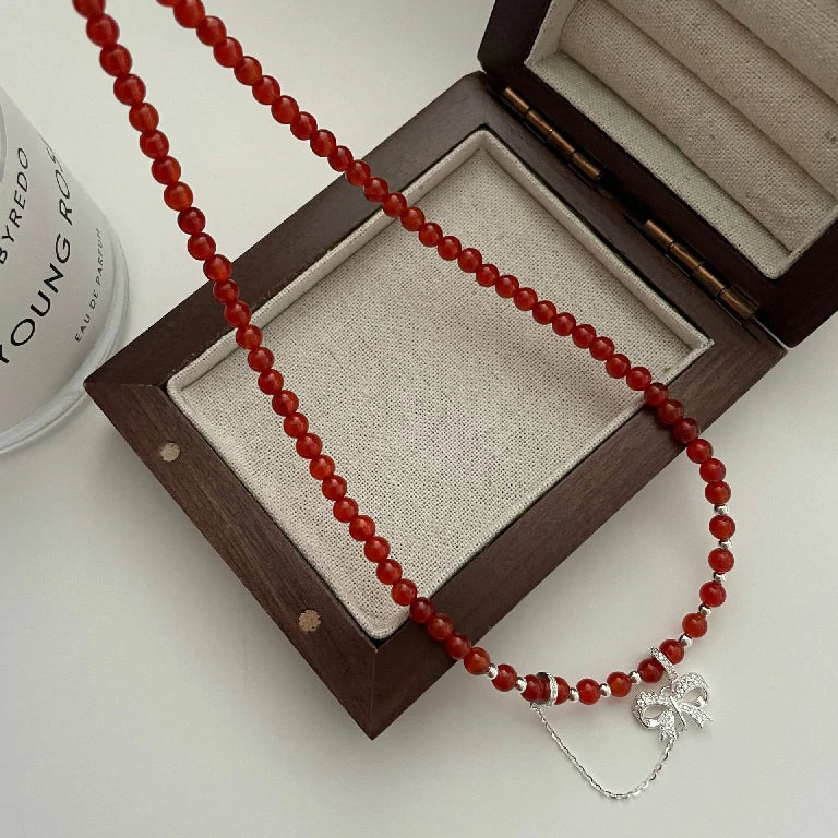 Festive Red Agate Bow Necklace