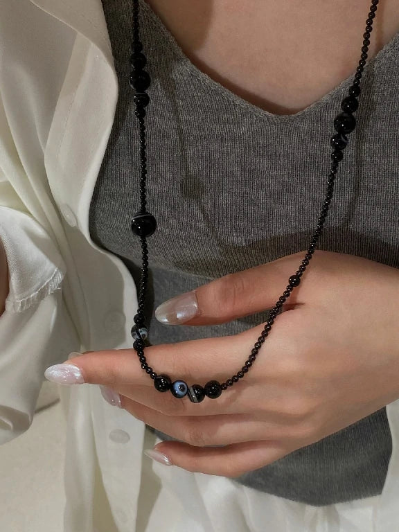 Graduated Onyx Sphere Long Necklace