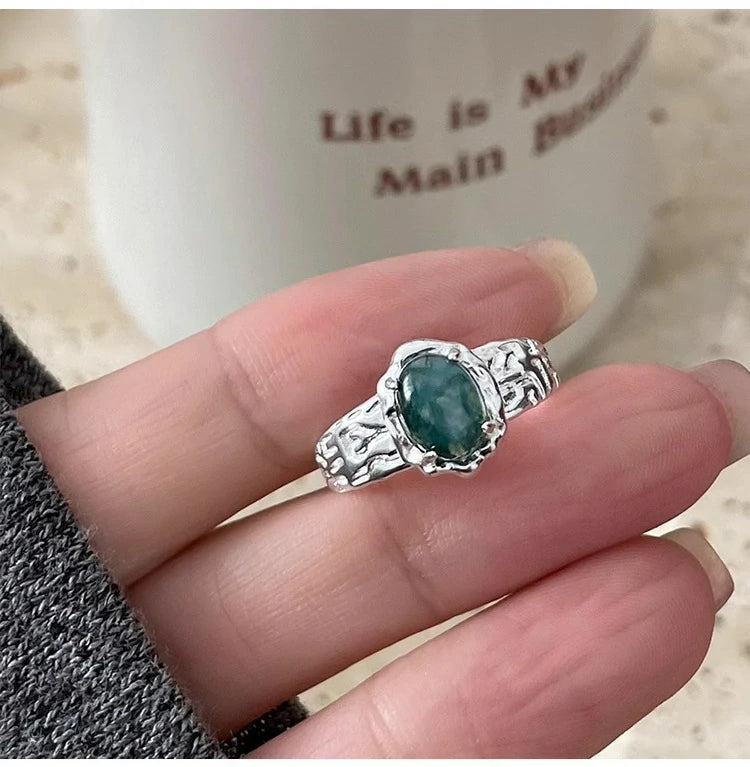 Feather & Moss Agate Adjustable Ring Set