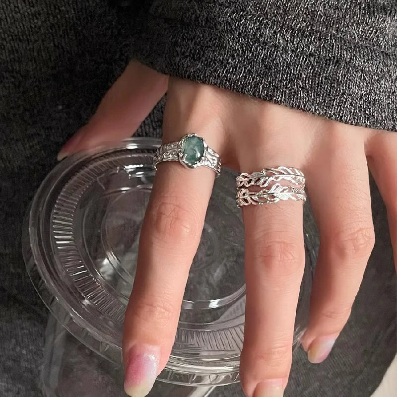 Feather & Moss Agate Adjustable Ring Set