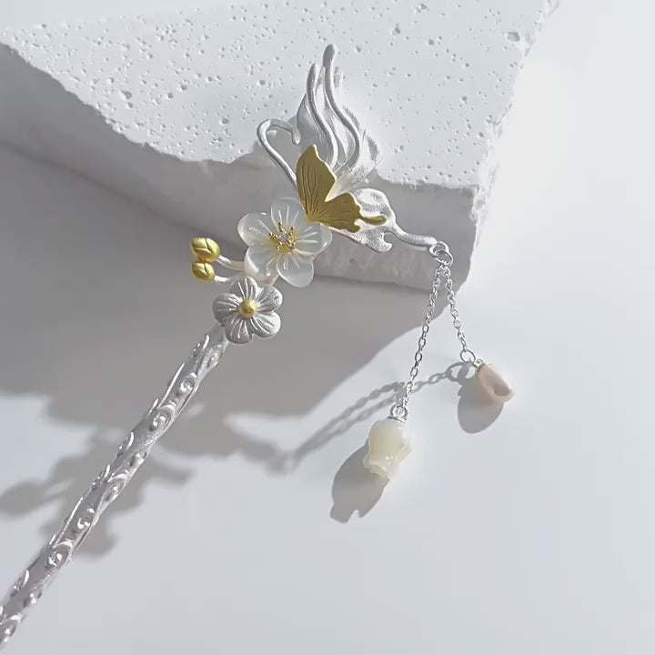 Butterfly Hairpin — Pearl & Silver Floral Fà Zān
